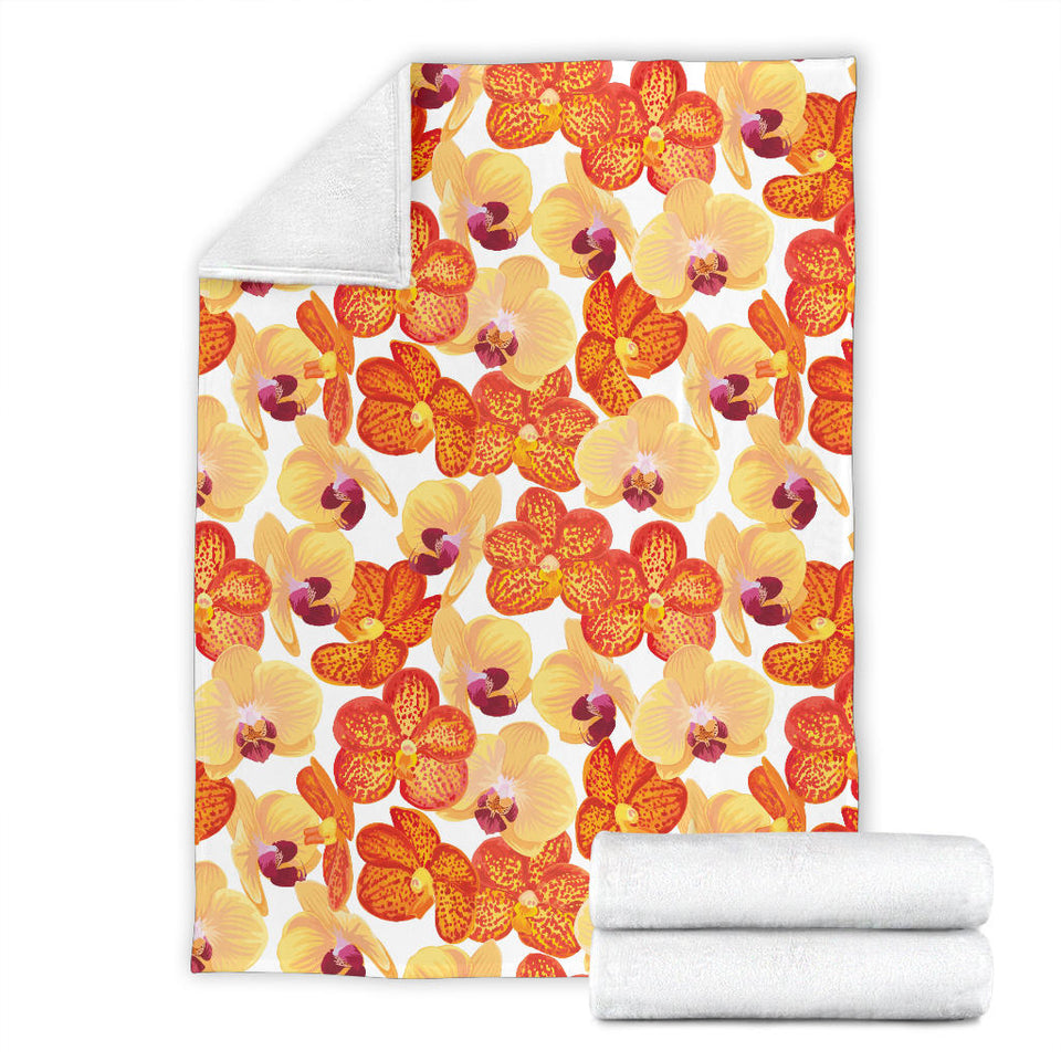 Orange Yellow Orchid Flower Pattern Background Premium Blanket