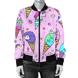 Cute Ice Cream Cone Animal Pattern Women'S Bomber Jacket