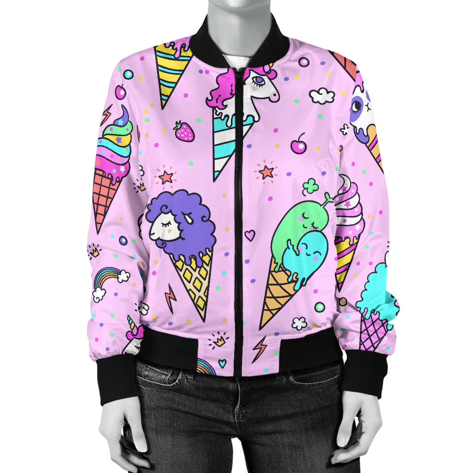 Cute Ice Cream Cone Animal Pattern Women'S Bomber Jacket