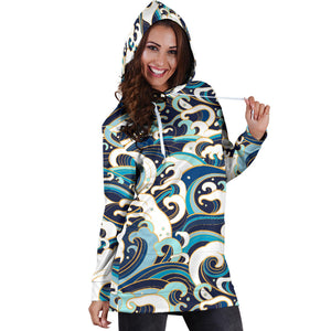 Japanese Wave Pattern Women'S Hoodie Dress