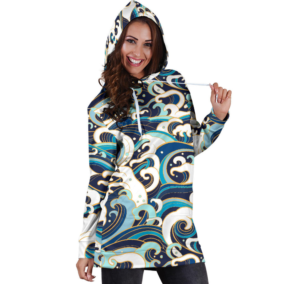 Japanese Wave Pattern Women'S Hoodie Dress