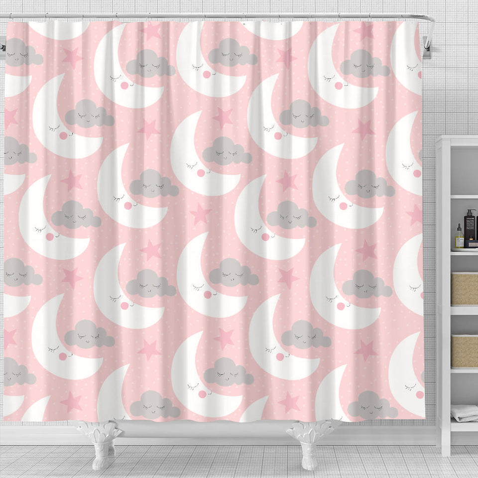 Cute Moon Cloud Star Pattern Pink Dot Background Shower Curtain Fulfilled In US