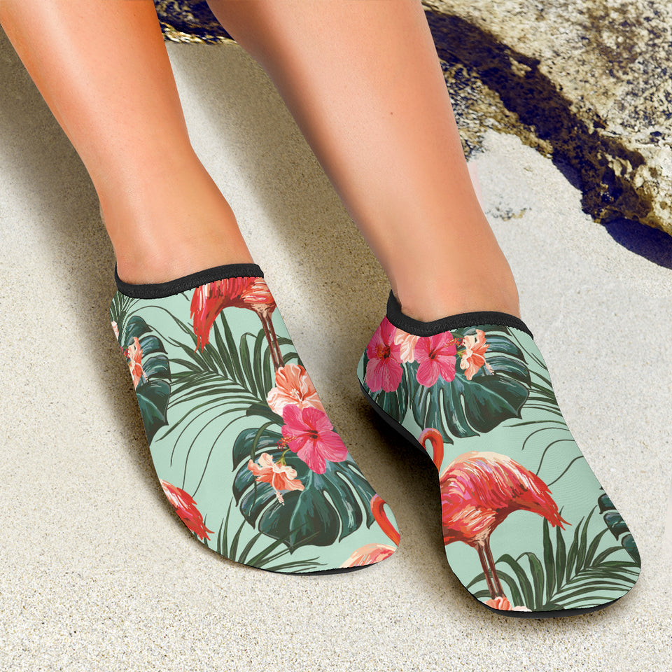 Beautiful Flamingo Tropical Palm Leaves Hibiscus Pateern Background Aqua Shoes