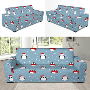 Cute Penguin Christmas Snow Pattern Sofa Slipcover