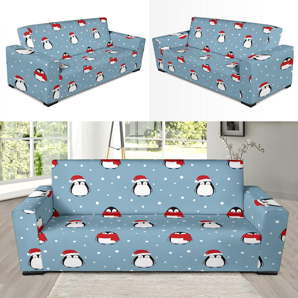 Cute Penguin Christmas Snow Pattern Sofa Slipcover