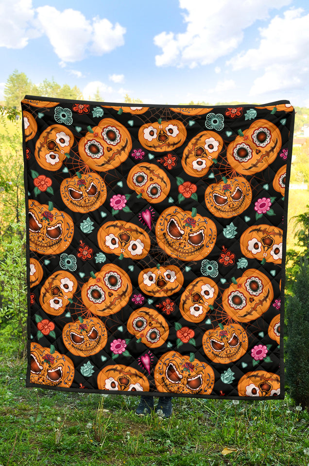 Pumpkin Flowers Spiderweb Halloween Theme Premium Quilt