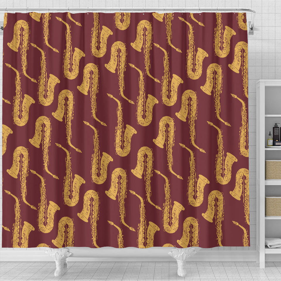 Hand Drawn Gold Saxophone Red Background  Shower Curtain Fulfilled In US