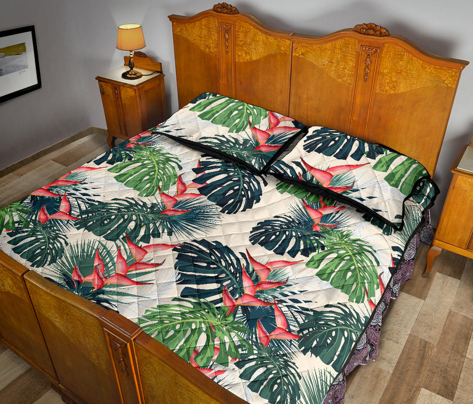 heliconia flowers, palm and monstera leaves Quilt Bed Set