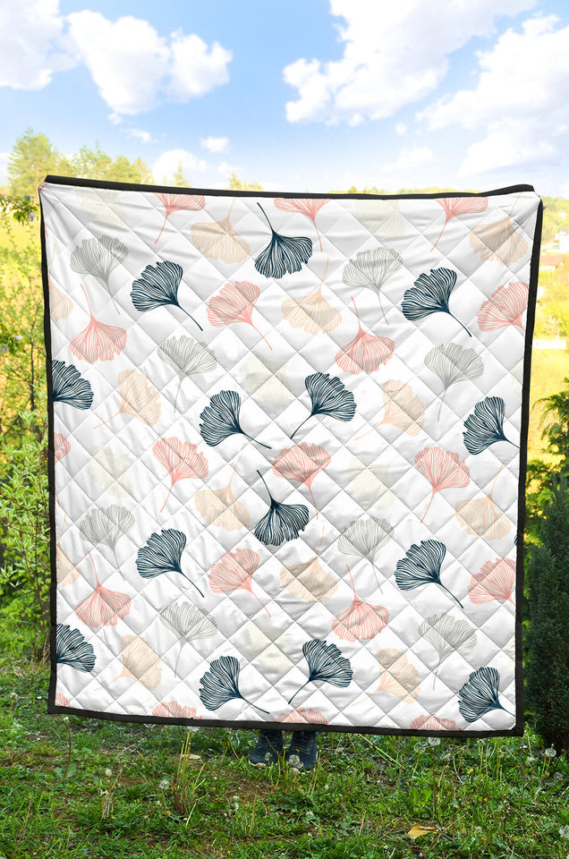 Black Gray Cream Coral Ginkgo Leaves Pattern Premium Quilt