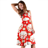 Cute Maneki Neko Lucky Cat Red Background Sleeveless Midi Dress