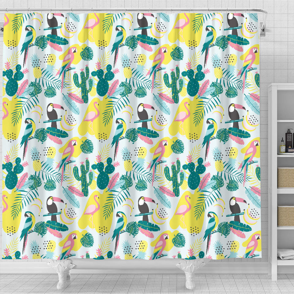 Cute Parrot Toucan Flamingo Cactus Exotic Leaves Pattern Shower Curtain Fulfilled In US