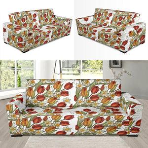 Red Tulips And Daffodils Pattern Sofa Slipcover