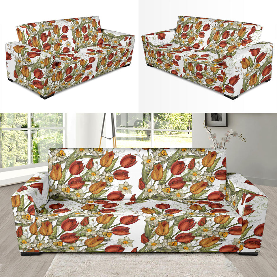 Red Tulips And Daffodils Pattern Sofa Slipcover