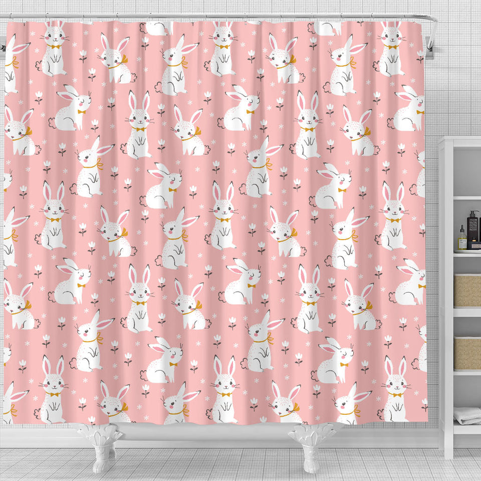Cute White Rabbit Flower Pink Background Shower Curtain Fulfilled In US
