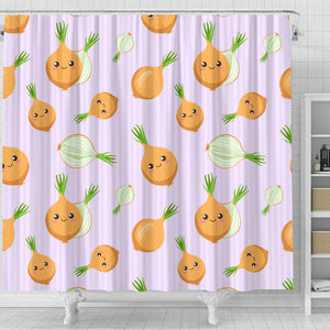 Cute Onions Smiling Faces Purple Background Shower Curtain Fulfilled In US