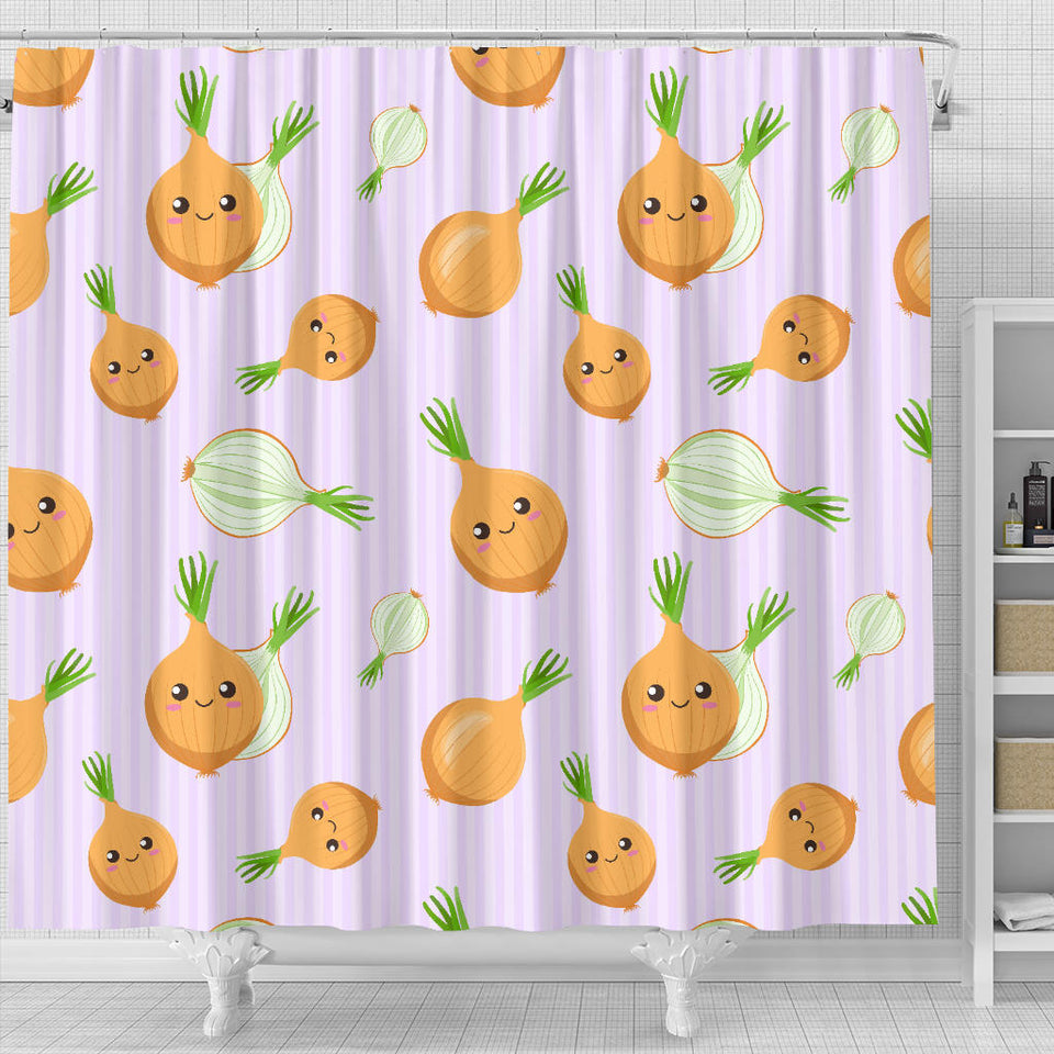Cute Onions Smiling Faces Purple Background Shower Curtain Fulfilled In US