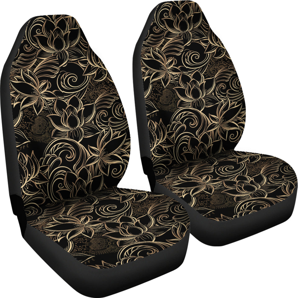 Luxurious Gold Lotus Waterlily Black Background Universal Fit Car Seat Covers