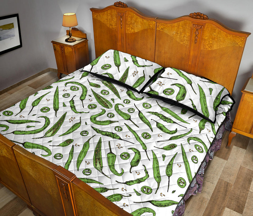 Hand drawn sketch style green Chili peppers pattern Quilt Bed Set