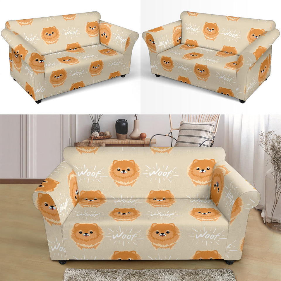 Cute Brown Pomeranian Puppy Loveseat Couch Slipcover