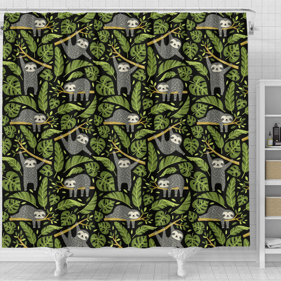 Cute Sloths Tropical Palm Leaves Black Background Shower Curtain Fulfilled In US