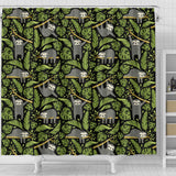Cute Sloths Tropical Palm Leaves Black Background Shower Curtain Fulfilled In US
