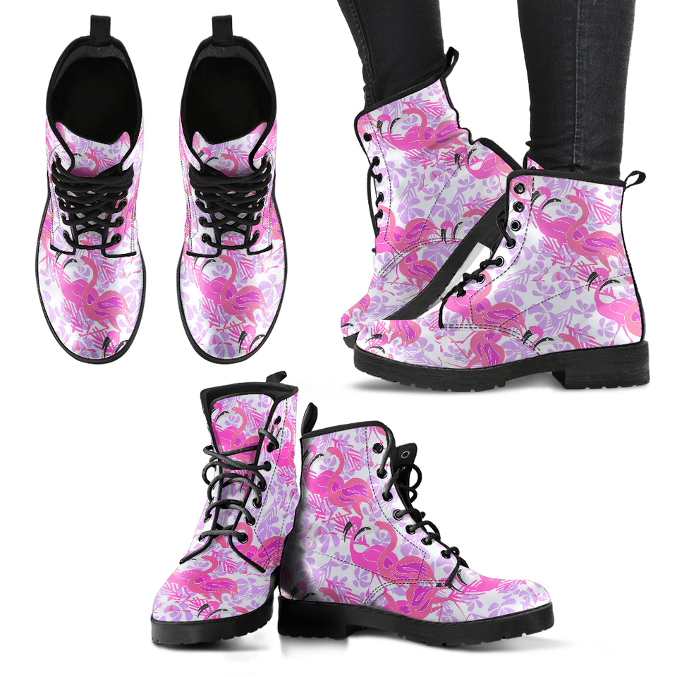 Pink Flamingo Flower Pattern Leather Boots
