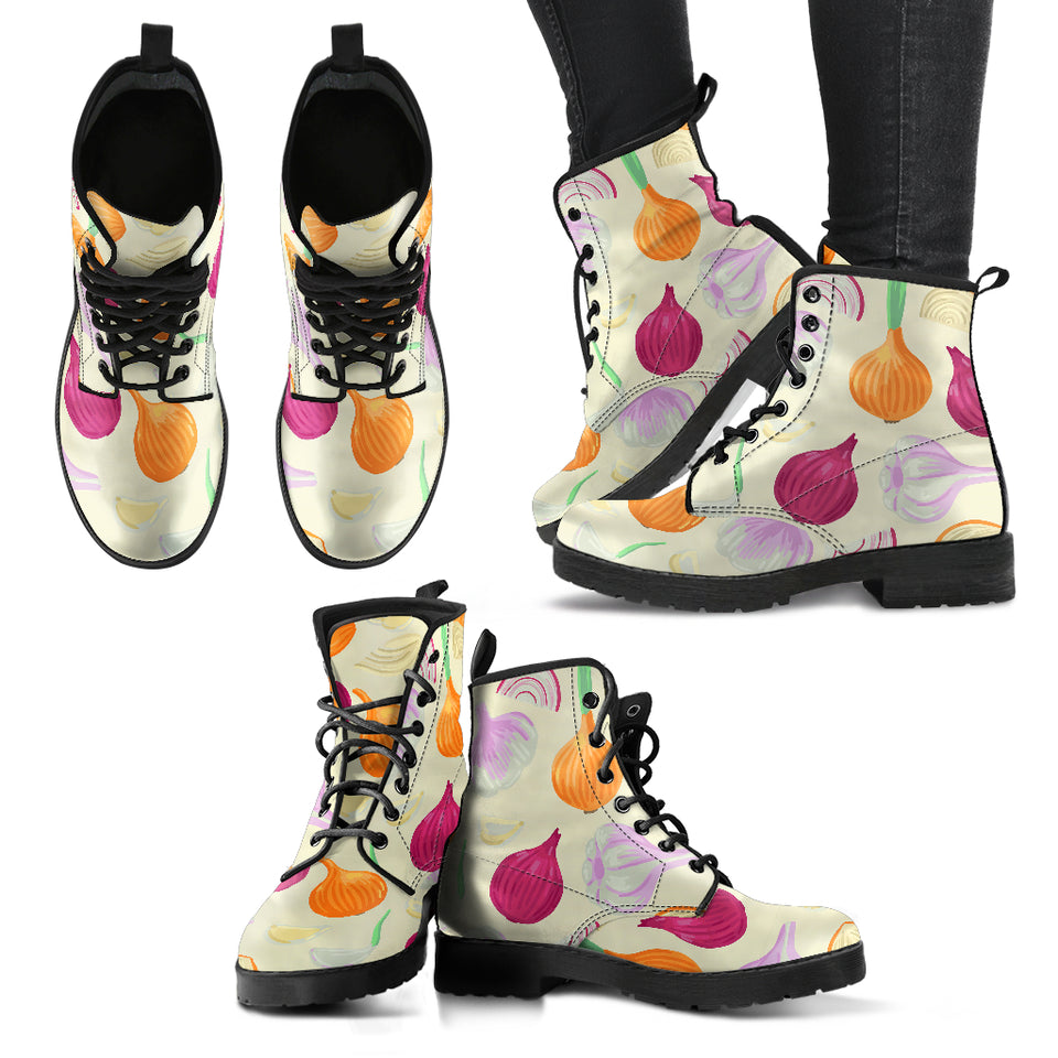 Onion Garlic White Red Pattern Leather Boots