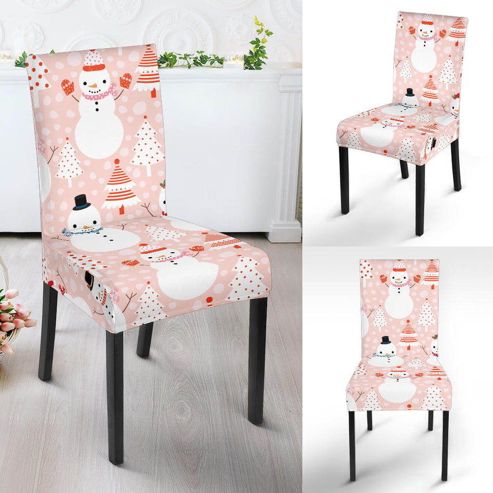Cute Snowman Christmas Tree Snowpink Background Dining Chair Slipcover
