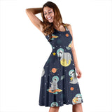 Cute Sloth Astronaut Star Planet Rocket Pattern Sleeveless Midi Dress
