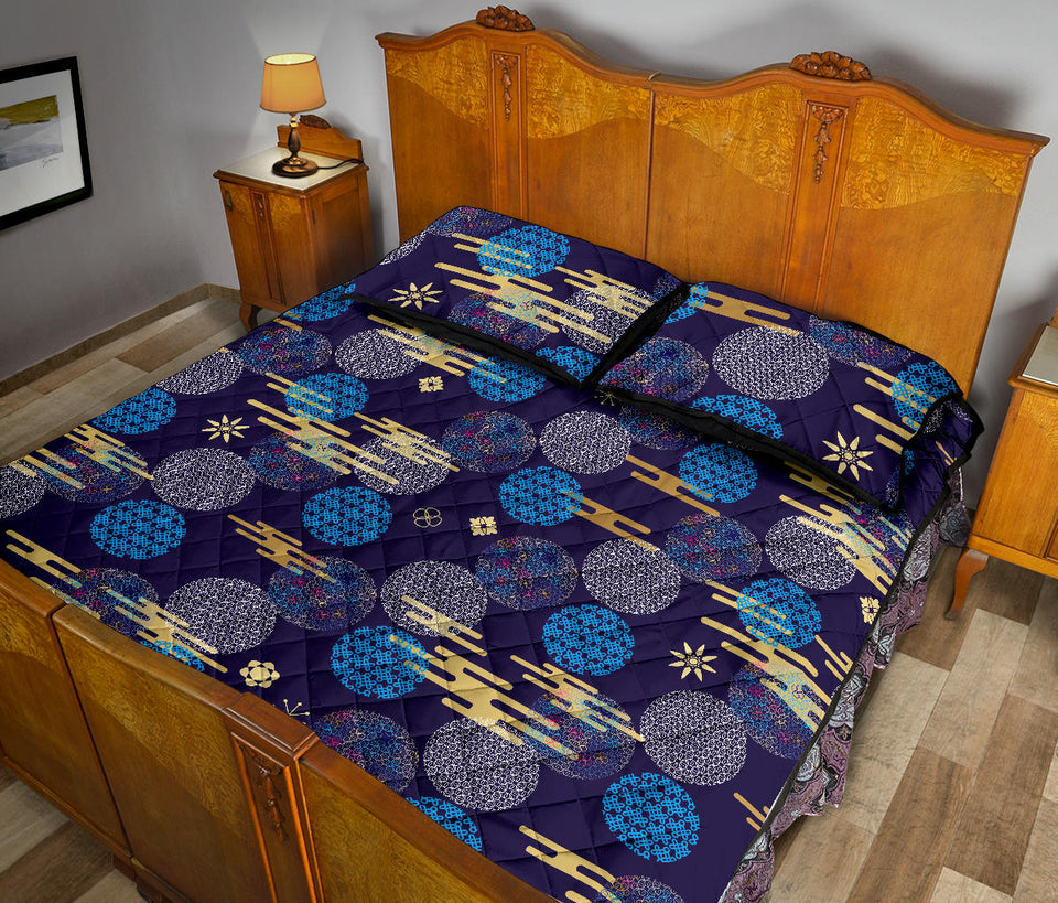 Blue japanese pattern cloud wave flower Quilt Bed Set