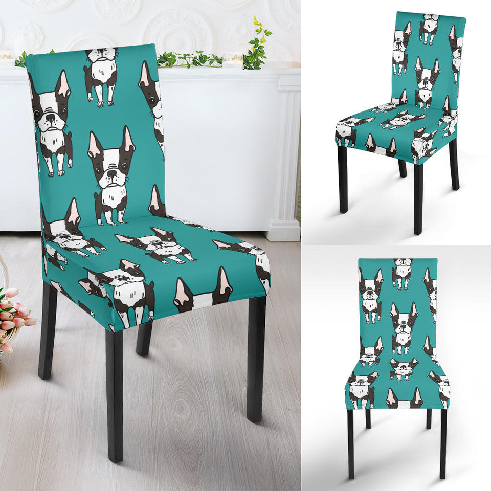 Hand Drawn Boston Terrier Dog Pattern Dining Chair Slipcover