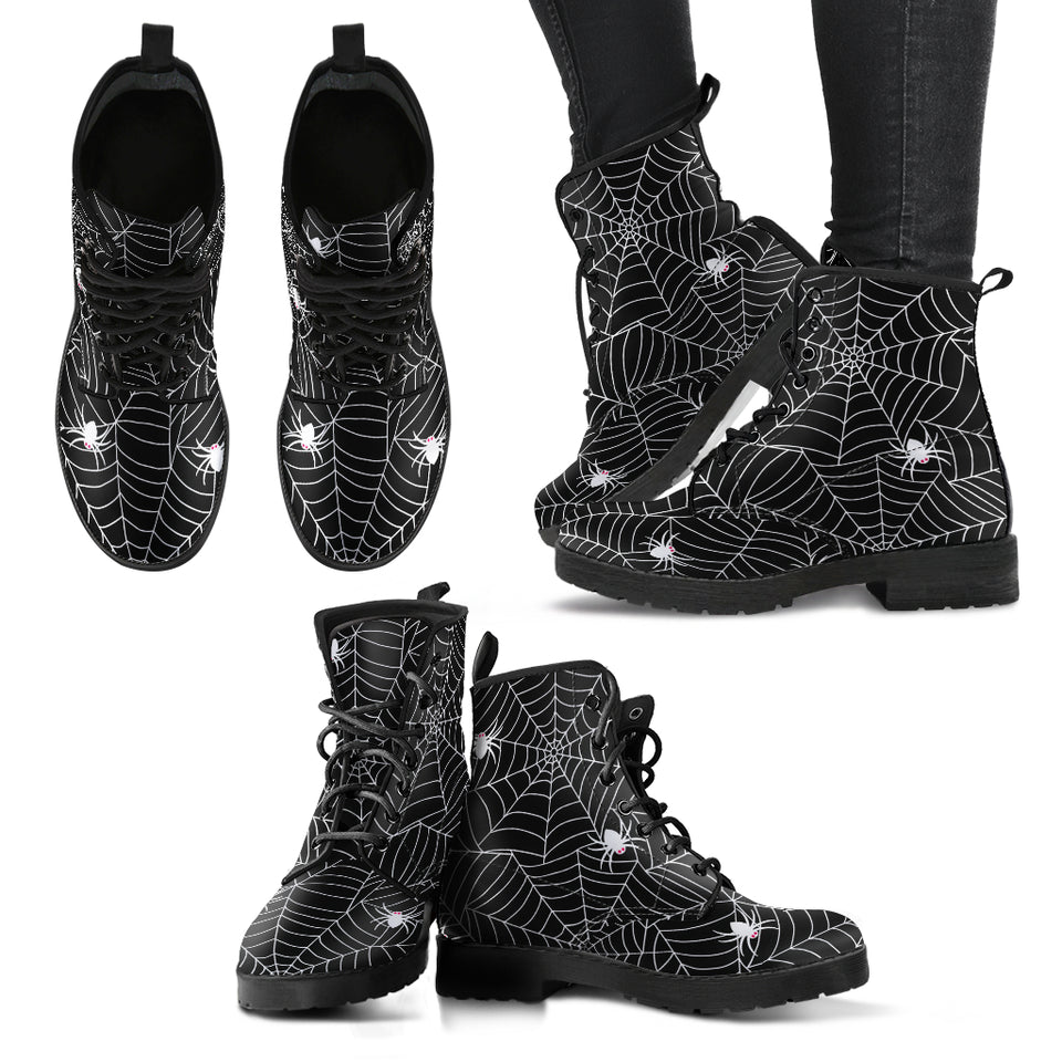 Spider Web Design Pattern Black Background White Cobweb Leather Boots