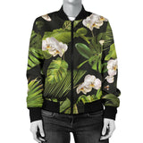 White Orchid Flower Tropical Leaves Pattern Blackground Women'S Bomber Jacket