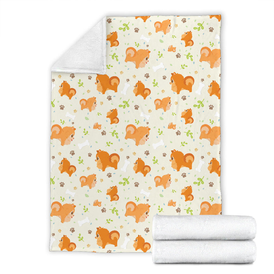 Cute Brown Pomeranian Paw Leave Bone Pattern Premium Blanket