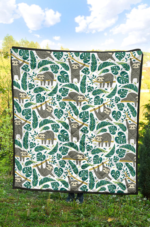 Cute Sloths Tropical Palm Leaves White Background Premium Quilt