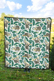 Cute Sloths Tropical Palm Leaves White Background Premium Quilt