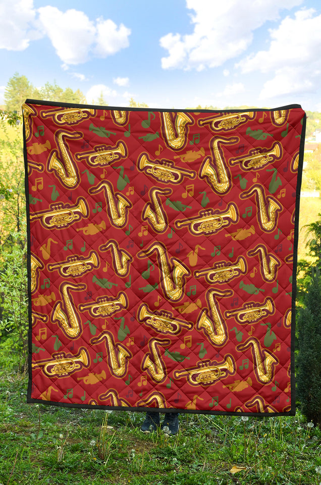 Saxophone Cornet Pattern Red Background Premium Quilt