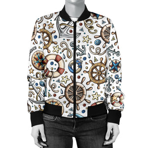 Cute Nautical Steering Wheel Anchor Pattern Women'S Bomber Jacket