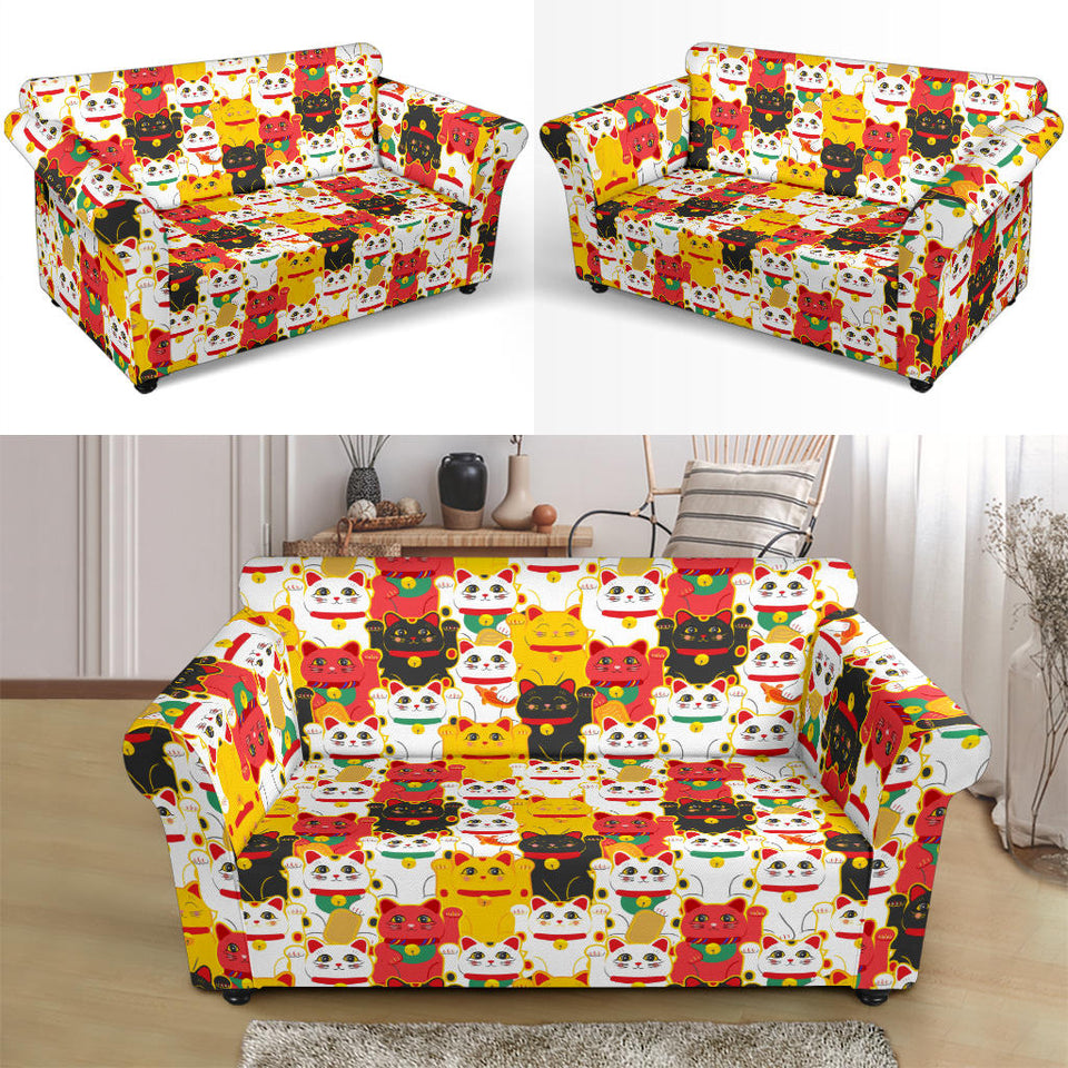 Colorful Maneki Neko Lucky Cat Pattern Loveseat Couch Slipcover