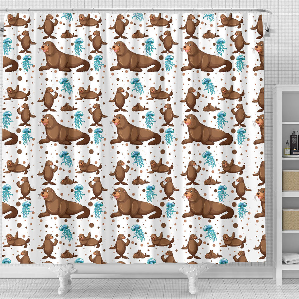 Sea Lion Seals Jellyfish Pattern Shower Curtain Fulfilled In US