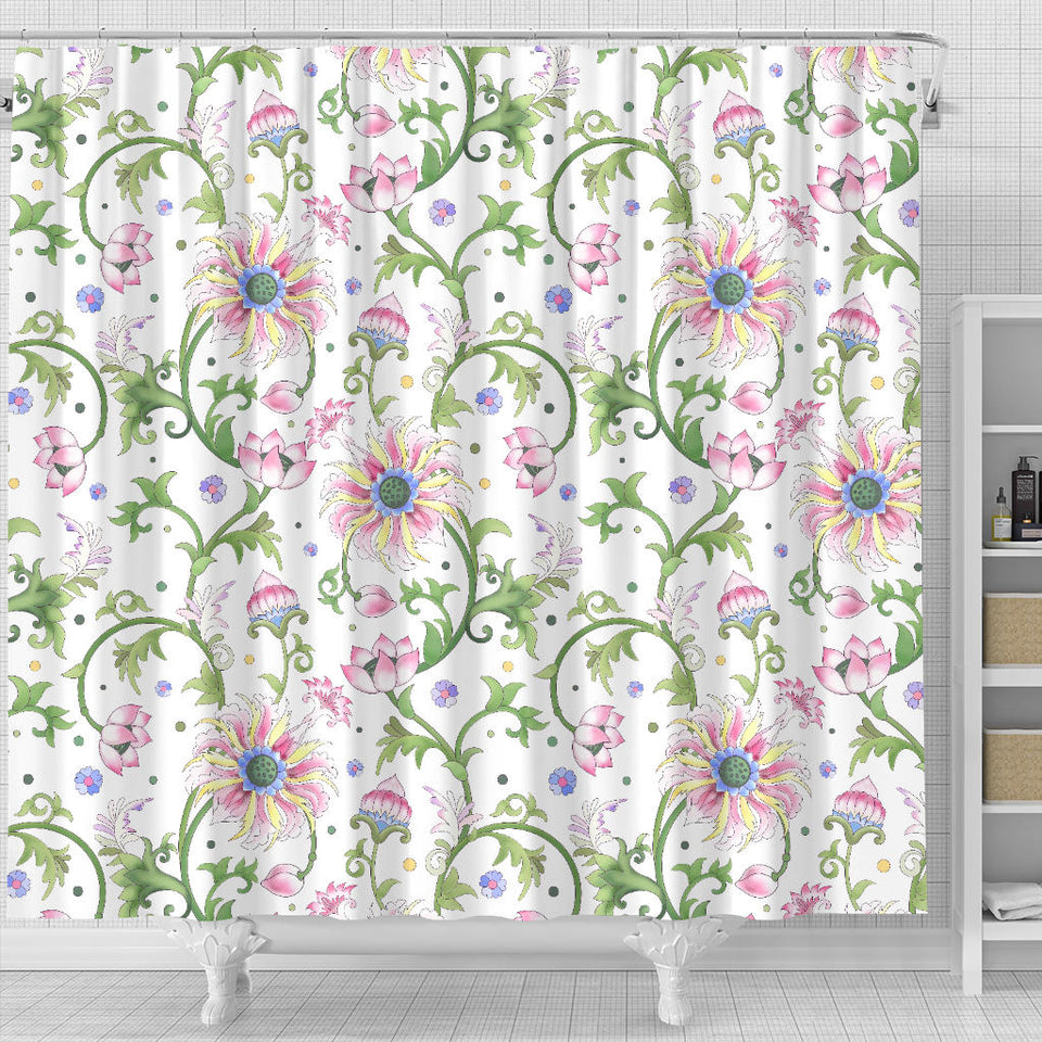 Beautiful Pink Lotus Waterlily Leaves Pattern Shower Curtain Fulfilled In US