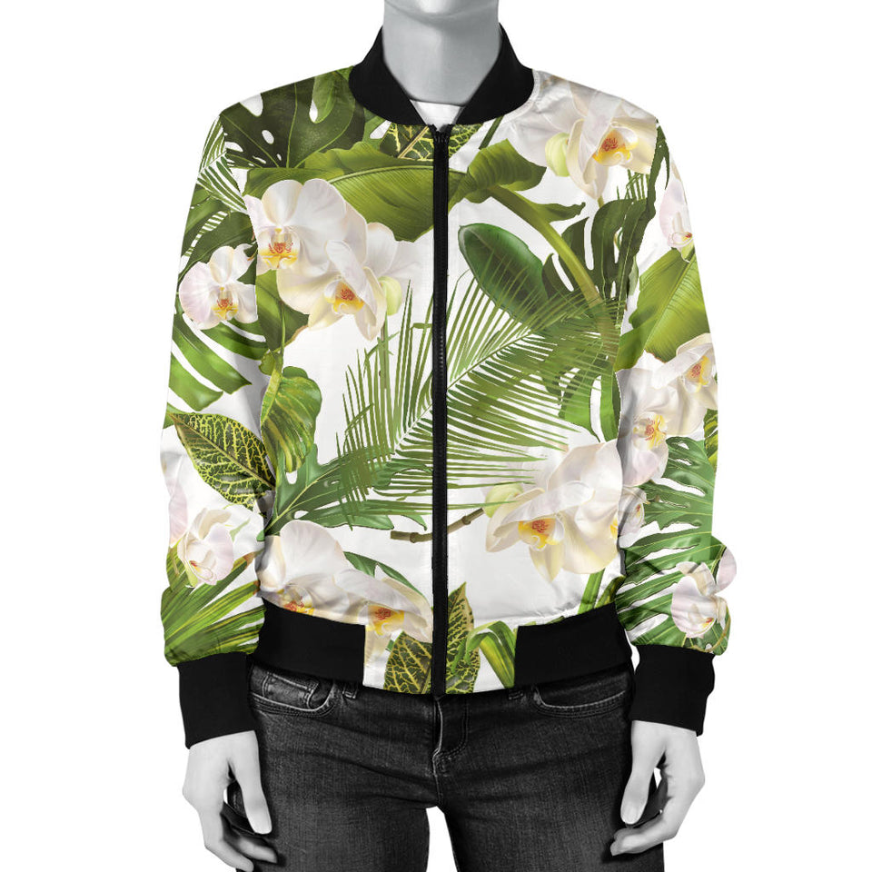 White Orchid Flower Tropical Leaves Pattern Women'S Bomber Jacket