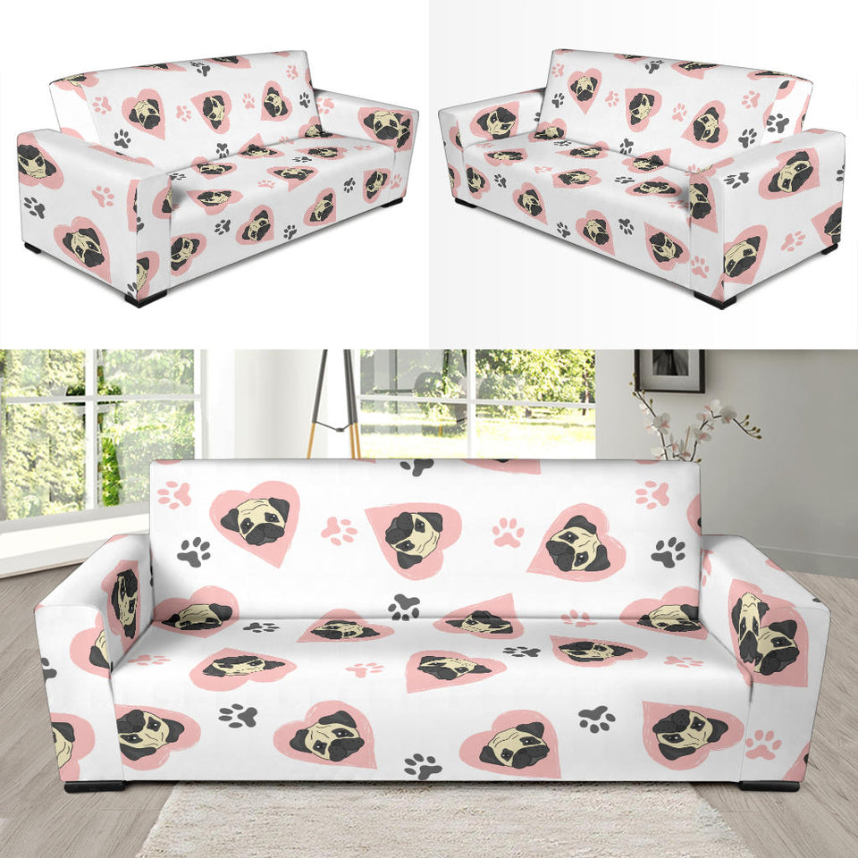 Cute Pugs Pink Heart Paw Pattern Sofa Slipcover