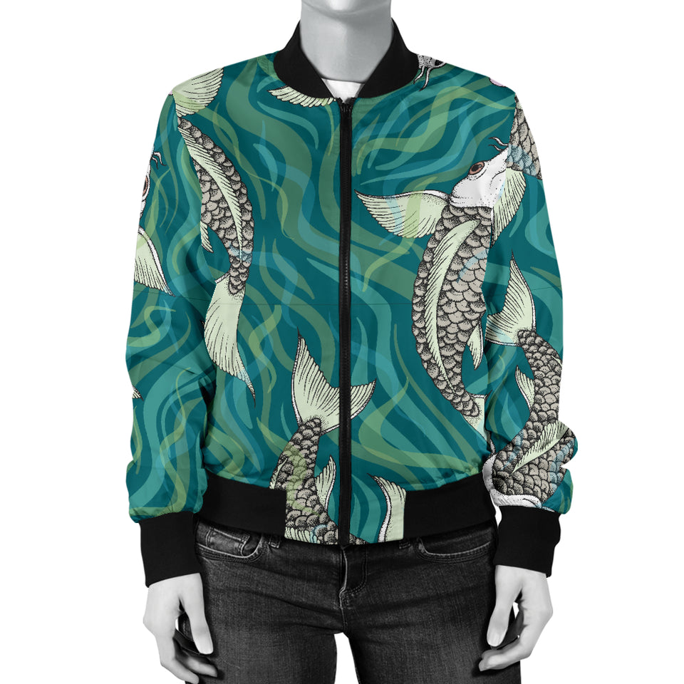 Koi Fish Carp Fish Lotus Pattern Women'S Bomber Jacket