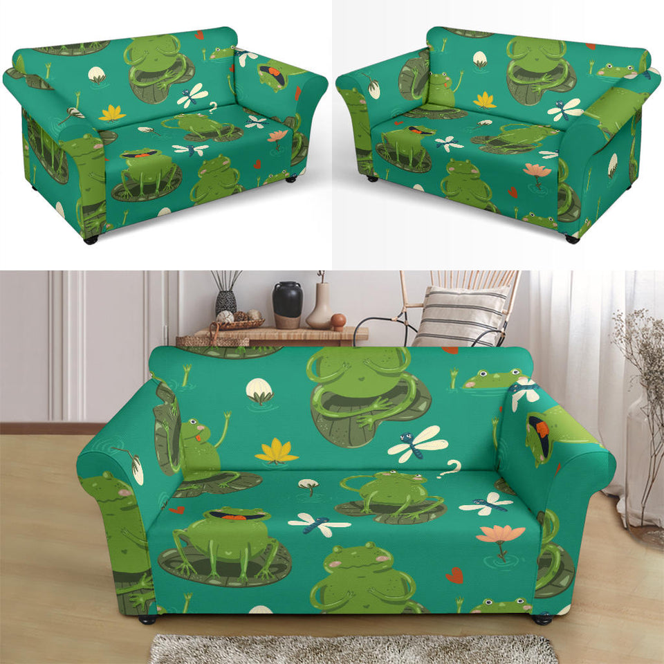 Cute Frog Dragonfly Design Pattern Loveseat Couch Slipcover