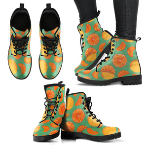 Orange Fruit Pattern Green Background Leather Boots