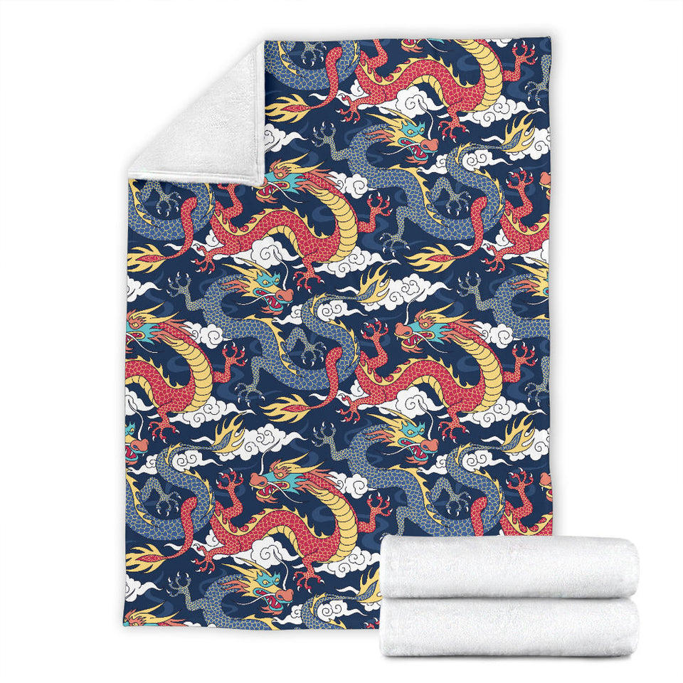 Blue Red Dragon Cloud Pattern Premium Blanket
