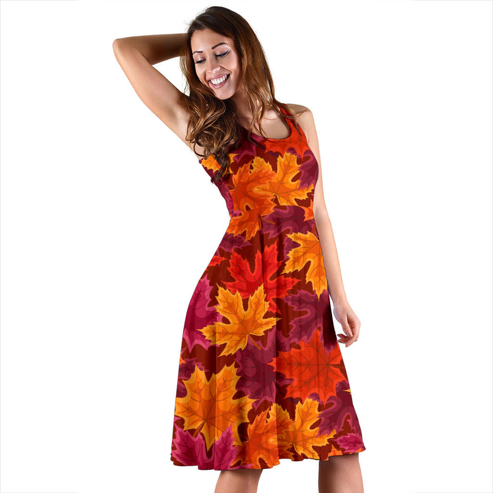 Autumn Maple Leaf Pattern Sleeveless Midi Dress
