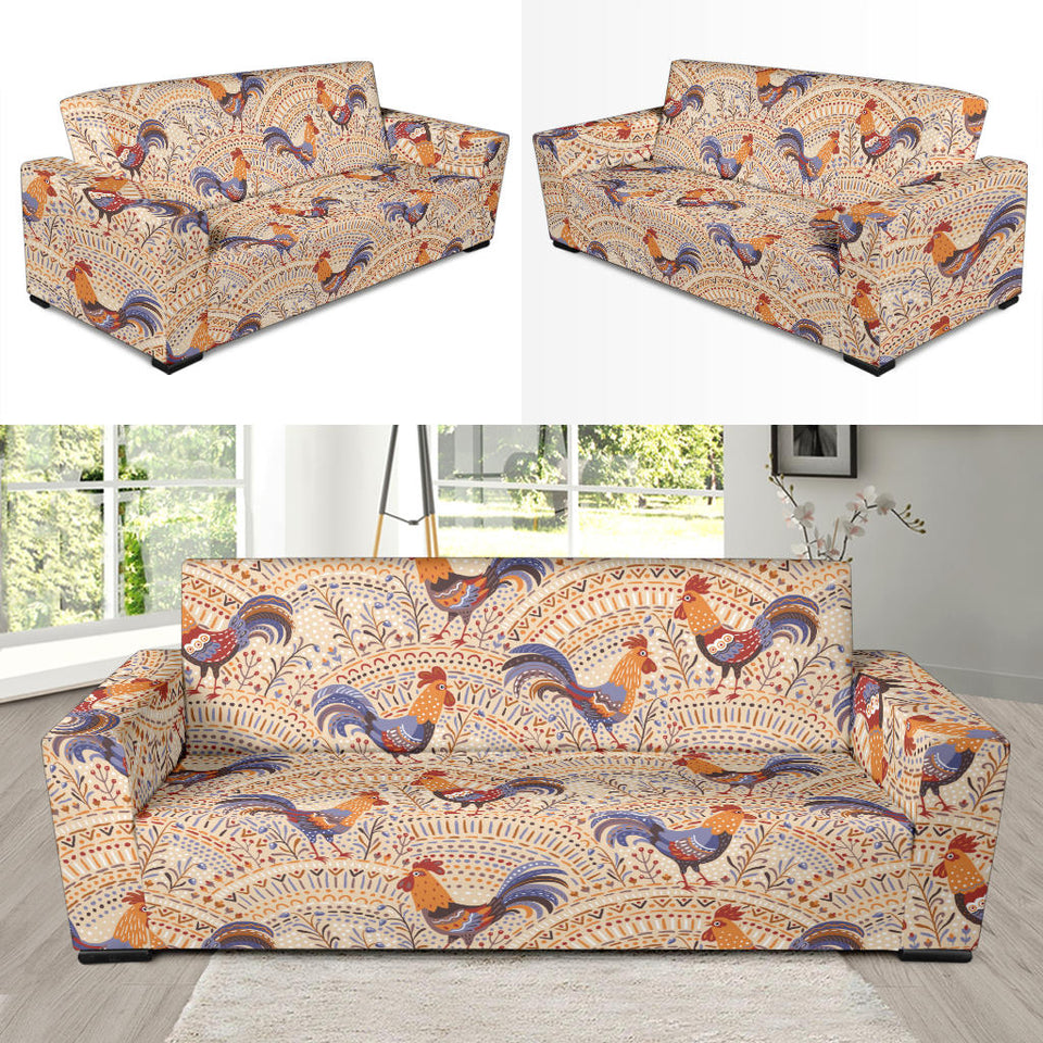 Cute Rooster Chicken Cock Floral Ornament Background Sofa Slipcover