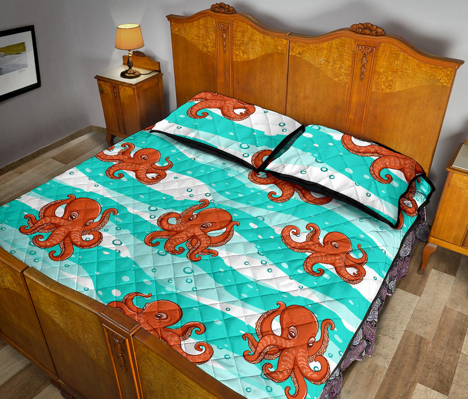 Octopuses sea wave background Quilt Bed Set
